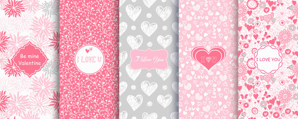 Set of Abstract seamless hand drawn patterns with hearts and flowers Template greeting card, invitation, wrapping paper, brochure, website background. Cute Valentine cards. Vector illustration © nataliiaku