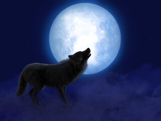 3D rendering of black wolf with red eyes in moonlight.