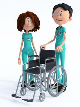 3D rendering of cartoon doctor and nurse with wheelchair.