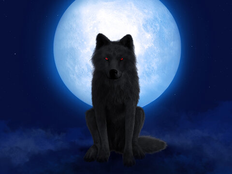 3D rendering of black wolf with red eyes in moonlight.