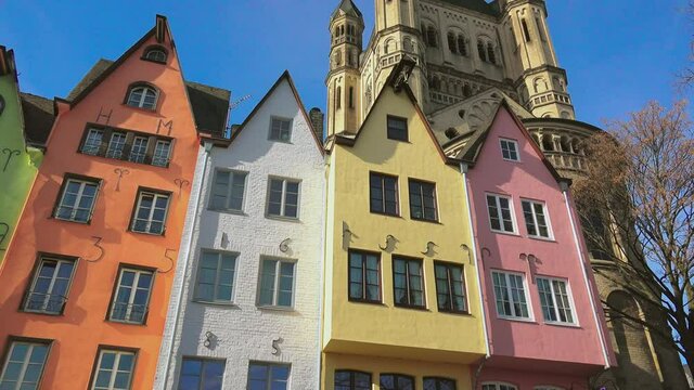MS LA PAN Fish market colorful buildings and Great Saint Martin church / Cologne, North Rhine Westphalia, Germany