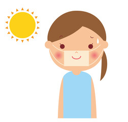 マスク で日焼けした女性と太陽　イラスト