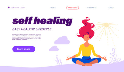 Landing page design template with self healing theme. Young girl sit in lotus asana pose meditate. Healthy lifestyle, mental health concept. Vector flat illustration for web page, mobile app interface