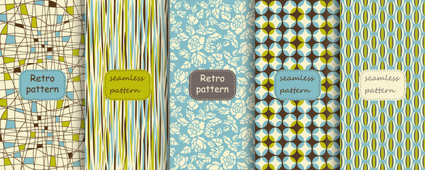 Set of Retro seamless patterns from the 50s and 60s. Seamless abstract Vintage background in sixties style. Abstract geometric and floral patterns. Vector - 356319751