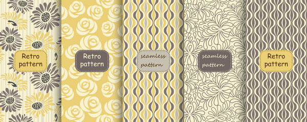 Set of Retro seamless patterns from the 50s and 60s. Seamless abstract Vintage background in sixties style. Abstract geometric and floral patterns. Vector