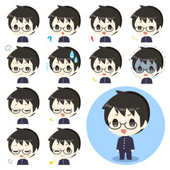 眼鏡をかけた制服の男の子のイラスト 表情セット