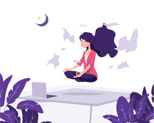 Office woman meditating in office. Concept illustration for yoga, meditation, relax, recreation, healthy lifestyle. Vector illustration in flat cartoon style.