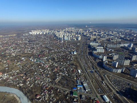 Aerial view of the Saburb landscape at winter time (drone image).  Near Kiev,Ukraine