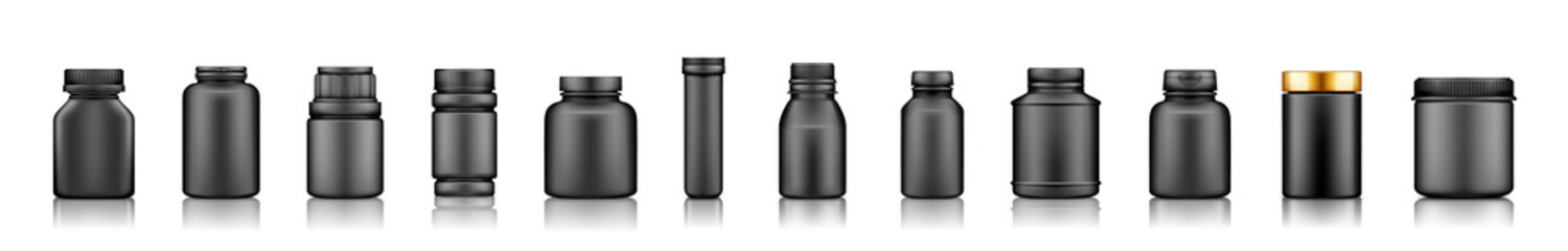 Set of black plastic jar mockups isolated on white background. Packaging design. Blank sport, fitness, householding or dietary nutrition, healthcare bottle template. 3d realistic vector illustration