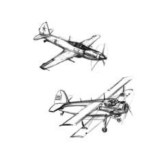 Set of airplanes on a white background. Hand drawn pencil illustrations. Black and white