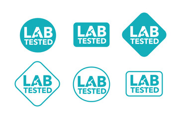 Lab tested sign - microscope intergated in word - isolated vector stamp for clinically proven food and pharmacy products in six variations