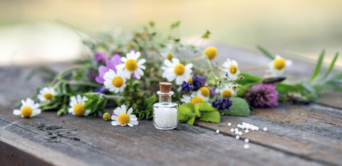 Fläschchen mit Globulis und einzelne Globulis auf Holzuntergrund vor einem Strauss mit Heil- und...