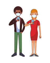 interracial couple wearing medical mask using technology characters
