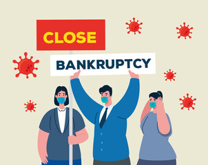 businesspeople with masks and banner design of close bankruptcy and covid 19 virus theme Vector illustration