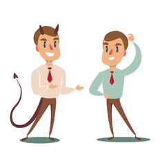 Obraz premium Business concept illustration of a businessman making a deal with devil. Vector flat design illustration.