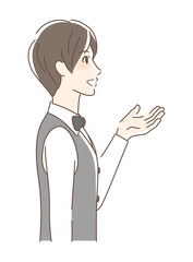 笑顔で手を差し出す男性の横顔