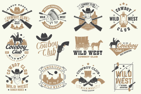 Cowboy club badge. Ranch rodeo. Vector. Concept for shirt, logo, print, stamp, tee with cowboy and shotgun. Vintage typography design with wild west and western rifle silhouette.