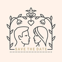 Wedding invitation card template. Vector. Thin line geometric badge. Outline icon for save the date invitation card design. Modern minimalist design with newlyweds and leaf decor