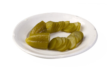 pickles on a white platter. Isolated on a white background.