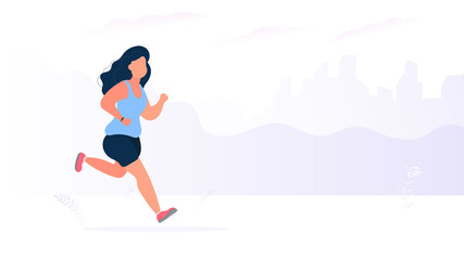 Fat girl runs a banner. Running fat woman on the street. The concept of weight loss and a healthy lifestyle. Vector.