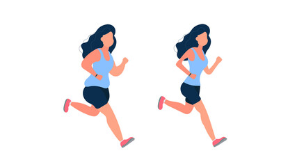 Set of running women. Fat girl is running. The concept of weight loss and a healthy lifestyle. Isolated. Vector