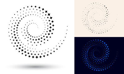 Halftone spiral as icon or background. Black abstract vector as frame with stars for logo or emblem. Circle border isolated on the white background for your design.
