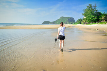 21 May 2017 Chonburi Thailand,Asian women Thai people travel in summer sea beach happy fun long holiday on beautiful beach sea in Thailand