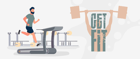 Get Fit Banner. The guy runs on a treadmill. A man runs on a simulator. Cardio workout, weight loss. The concept of losing weight and a healthy lifestyle. Vector.
