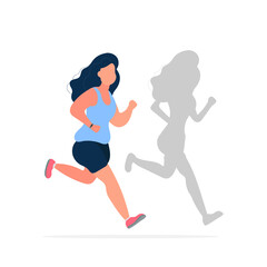 Fototapeta na wymiar Fat girl is running. The shadow of a thin girl. Cardio workout, weight loss. The concept of weight loss and a healthy lifestyle. Vector.