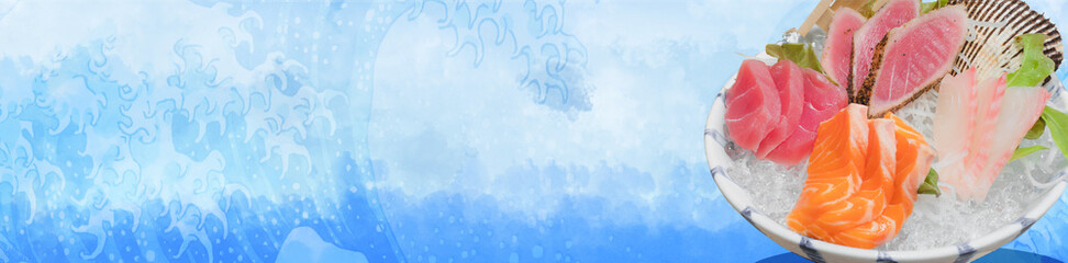Mixed Sushi Fish Japan Food style copy space blue wave background