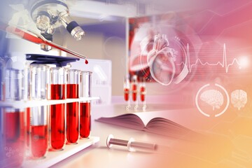 proofs in pollution office - blood sample test for blood urea nitrogen or phosphorus, medical 3D illustration with creative gradient overlay