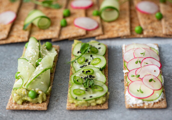 rye bread sandwiches with vegetables and cream cheese