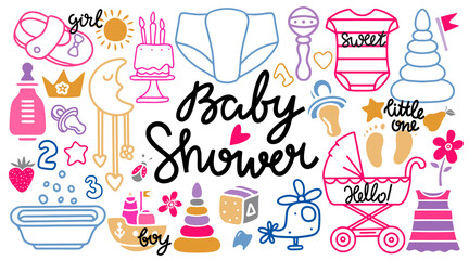 Baby shower set. Icons hand drawn