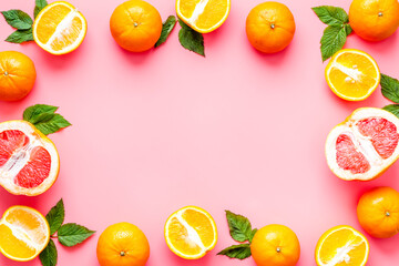 Frame of oranges and frapefruit. Top view, copy space