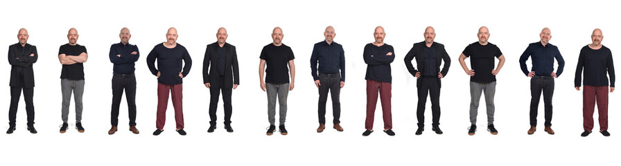 front view of a man in various outfits on white background,