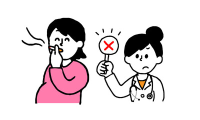 タバコを吸う妊婦とNGを出す産婦人科女性医師（シンプル）