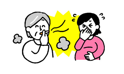 タバコを吸うシニア女性と嫌がる妊婦（シンプル）