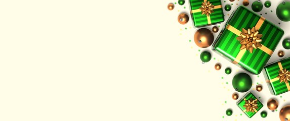 bannière de Noël avec cadeaux et boules de Noël