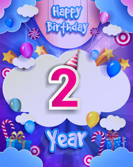 2nd Birthday Celebration greeting card Design, with clouds and balloons. Vector elements for anniversary celebration.