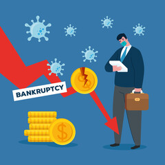 businessman with mask broken coin and decrease arrow design of bankruptcy and covid 19 virus theme Vector illustration