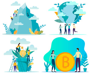 Startup, planet protection, business incubator, investment in bitcoin.A set of illustrations for the design.flat vector illustration.