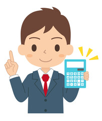 指差しポーズをしながら電卓を持つ男子学生