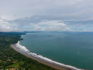 Beautiful aerial view of the majestic whale tale in the beach of the National park Marino Ballena in Costa Rica 