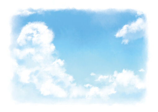 夏の青空に浮かぶ大きな入道雲の水彩イラストのフレーム
