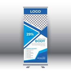 Fitness roll up sale banner design template, abstract background, pull up design, modern x-banner, rectangle size. Template for sports, gym, personal trainer.