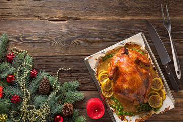 Christmas turkey. Traditional festive food for Christmas or Thanksgiving, top view