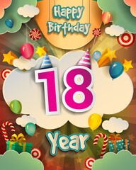 18th Birthday Celebration greeting card Design, with clouds and balloons. Vector elements for anniversary celebration.