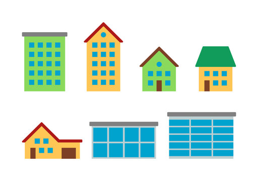 Set of colorful simple flat houses icons. Real estate symbol vector Illustration