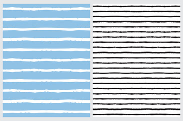 Hand Drawn Irregular Geometric Vector Patterns. Blue and Black Horizontal Stripes Isolated on a White Background. Infantile Style Abstract Graphic. Cute Striped Repeatable Design.