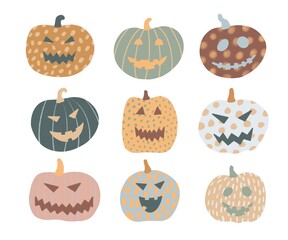 Set of funny colorful pumpkins for Halloween. pumpkins with different textures and colors. pumpkins with diverse faces.